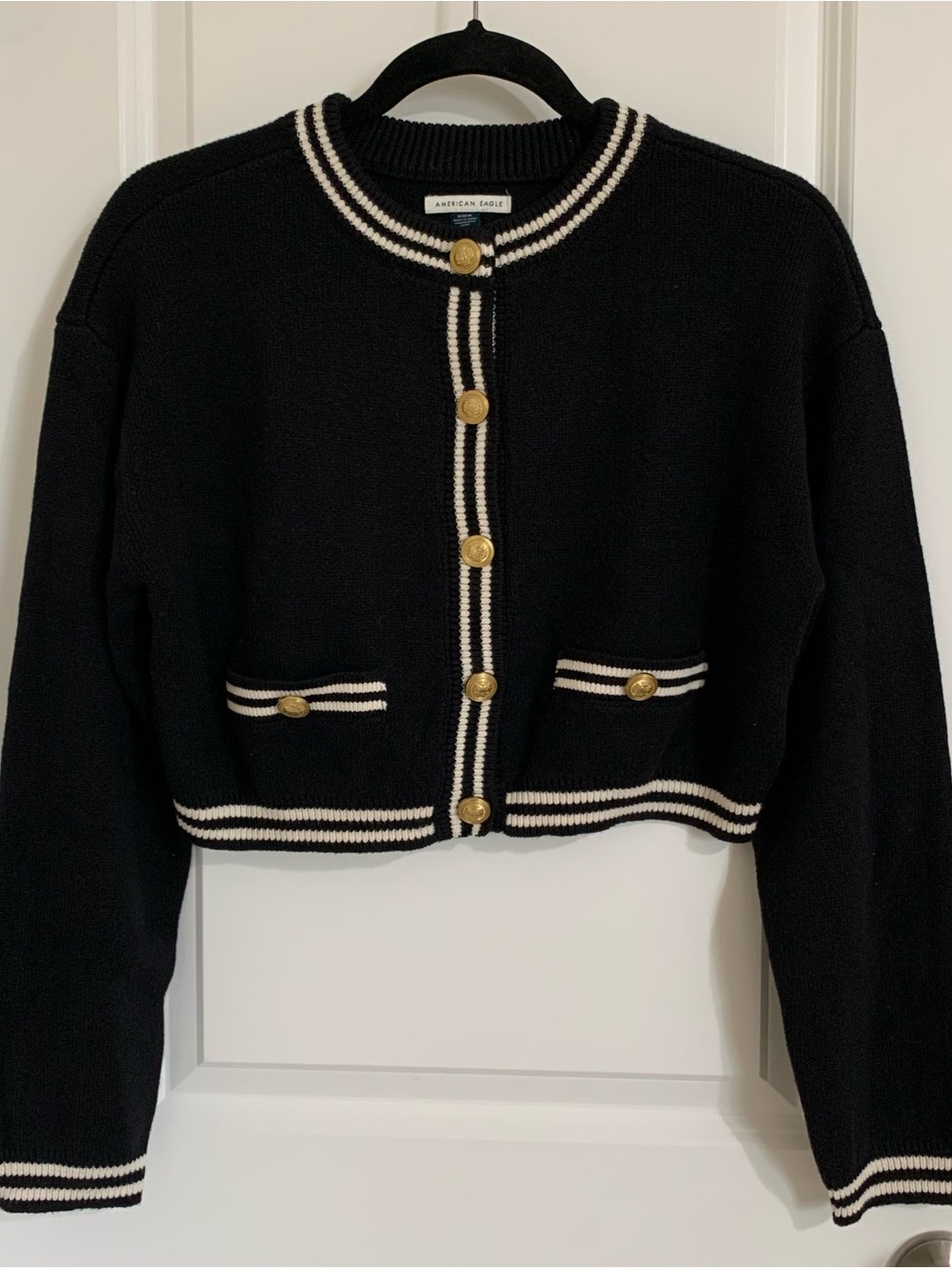 American Eagle Outfitters Black Cropped Cardigan with Cream Trim, M